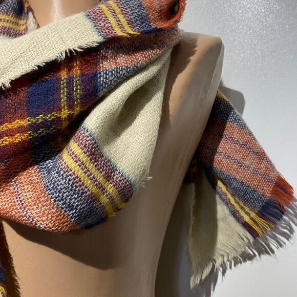 Unisex Multicolor Plaid Rectangular Print Fringe Trim Cream Scarf 28x78 - Picture 3 of 6